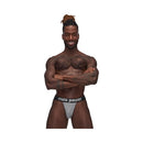 Male Power Sexagon Strappy Ring Jock Gray L/XL displayed by a confident model showcasing its design and support.