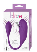 Blaze Triumph Rechargeable Silicone Dual Vibrator Purple packaging showcasing dual pleasure features and USB charger.