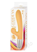 Goddess Tapping Thruster Silicone Rabbit Vibrator Yellow packaging showcasing 7 tapping functions and 3 thrusting modes.