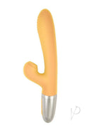 Goddess Tapping Thruster Silicone Rabbit Vibrator Yellow featuring a sleek design and dual stimulation capabilities.
