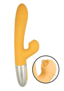 Goddess Tapping Thruster Silicone Rabbit Vibrator Yellow with sleek design and dual stimulation features.