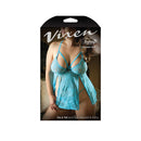 Kiss & Tell Lace Split Babydoll & Panty Queen Size package displayed with floral lace design in Newport Blue.