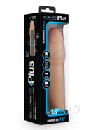 Performance Plus 1.5 Inch Silicone Penis Extender Vanilla in packaging showcasing features and benefits.