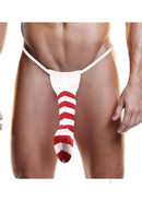 Fundies Candy Cane Thong OS Red White on a male model, showcasing festive holiday-inspired design.