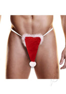 Fundies Santa Hat Thong OS Red White on a male model, featuring a playful Santa hat design for festive celebrations.