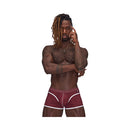 Male Power Sport Mesh Sport Mini Short Burgundy Large on a muscular man posing confidently.