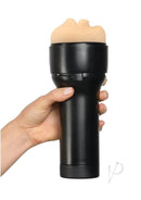 Hand holding Kiiroo Feel Stroker Mouth, a gender-neutral pleasure device in black, designed for universal, intimate enjoyment.