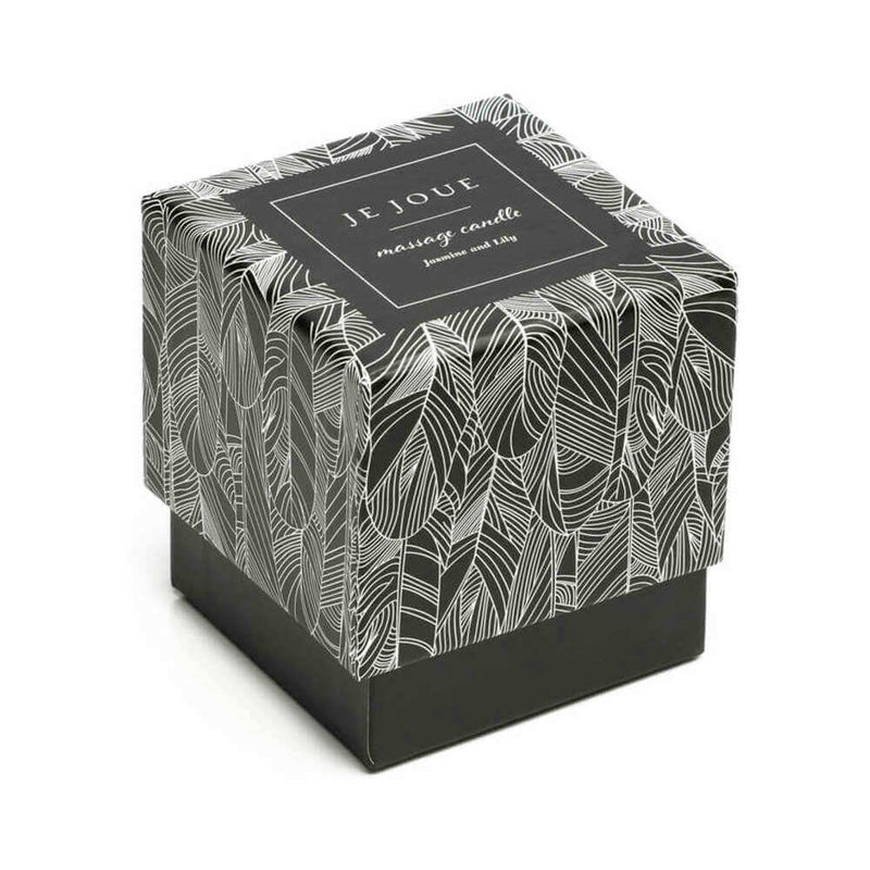 Je Joue Luxury Massage Candle Jasmine and Lily beautifully packaged in elegant leaf-patterned box.