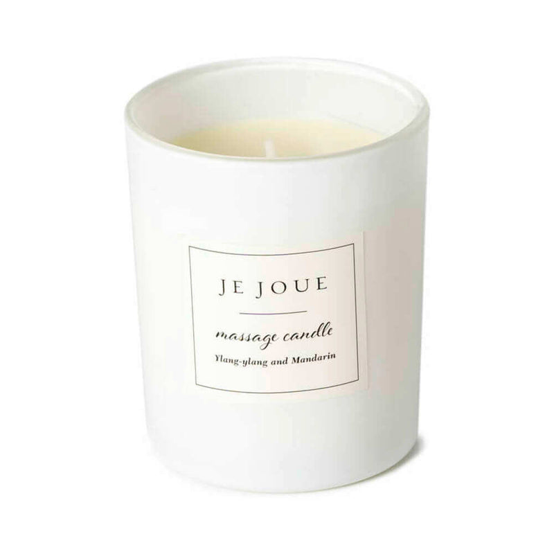 Je Joue Luxury Massage Candle Ylang Ylang and Mandarin in a white jar with label design.