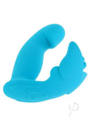 Evolved Spread Your Wings Silicone Multi Vibrator Blue showcasing its curved design and butterfly stimulator.