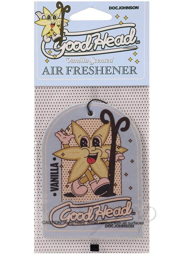 GoodHead Vanilla-scented air freshener hanging on packaging, featuring a cheerful star character design.