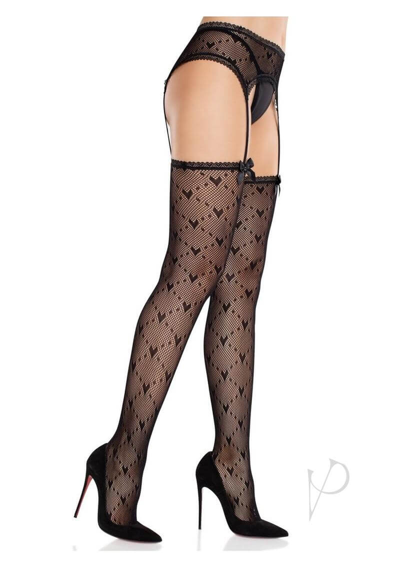 Leg Avenue Heart Lace Trimmed Heart Net Stockings in black worn with garter belt and high heels.