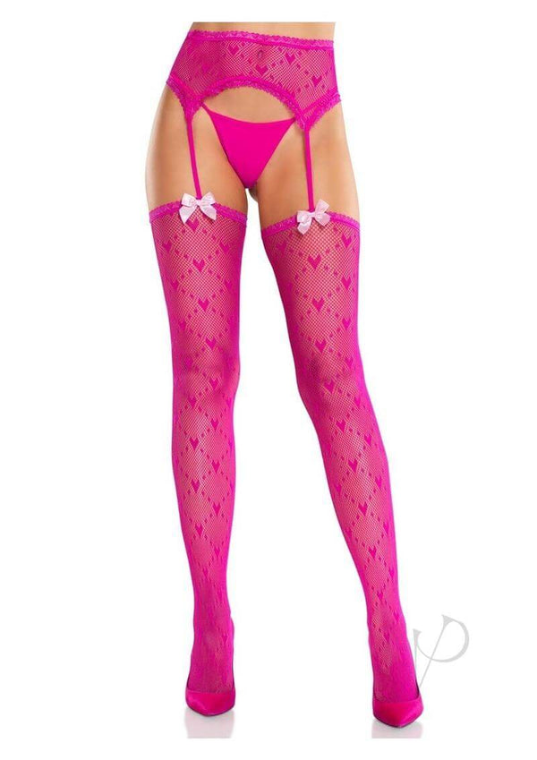 Leg Avenue Heart Lace Stockings with Garter Belt Magenta showcasing heart-patterned fabric and lace trim.