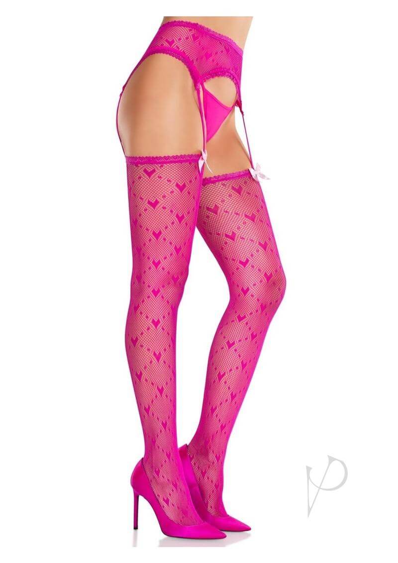 Leg Avenue Heart Lace Stockings with Garter Belt Magenta worn with pink high heels, showcasing heart-patterned lace design.