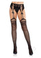Leg Avenue black rhinestone lace top fishnet stockings with garter belt and bow accents.