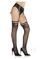 Leg Avenue rhinestone lace top fishnet stockings with belt, featuring mini bows and fishnet detail, paired with high heels.
