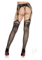 Leg Avenue rhinestone lace top fishnet stockings with belt, featuring mini bows and stylish detailing.