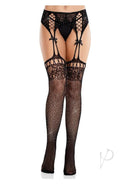 Leg Avenue rhinestone lace top fishnet stockings with belt, featuring mini bows and elegant design.