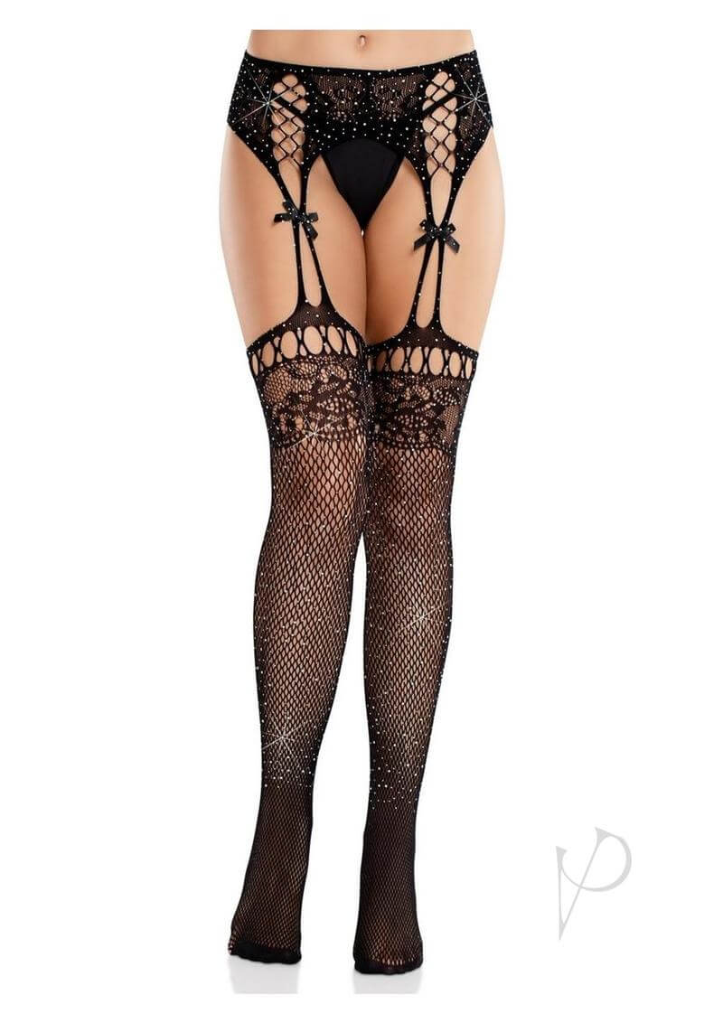 Leg Avenue rhinestone lace top fishnet stockings with belt, featuring mini bows and elegant design.