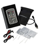 ElectraStim Flick Duo Stimulator Pack EM80-E components including control unit, electrodes, cables, and carrying pouch.