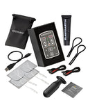 ElectraStim Flick Duo Stimulator Multi Pack EM80-M contents including electrodes and remote control.