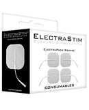 ElectraStim Square Self Adhesive Pads Pack of 4 in packaging with square conductive pads for electrostimulation.