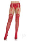 Leg Avenue red rhinestone lace top fishnet stockings with garter belt, featuring mini bows and sparkling details.