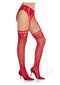 Leg Avenue red rhinestone lace top fishnet stockings with garter belt, showcasing elegant design and mini bow accents.