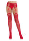 Red fishnet stockings with lace top, rhinestones, and attached garter belt by Leg Avenue, perfect for a stunning look.