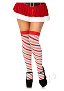 Peppermint striped over-the-knee socks paired with a festive Santa skirt and black heels for holiday celebrations.