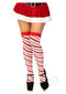 Peppermint striped over-the-knee socks paired with a festive Santa skirt and black heels for holiday celebrations.