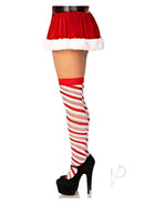 Model wearing red holiday skirt and peppermint striped over-the-knee socks with high heels for a festive look.
