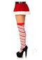 Model wearing red holiday skirt and peppermint striped over-the-knee socks with high heels for a festive look.