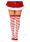 Peppermint striped over-the-knee socks in red and white worn with a festive Santa skirt, perfect for holiday parties.