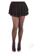Leg Avenue black silver rhinestone tights worn under a black skirt, featuring a shimmering lurex design.