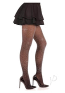Leg Avenue spandex rhinestone tights in black and silver, paired with a black skirt and high heels, showcasing a shimmering look.