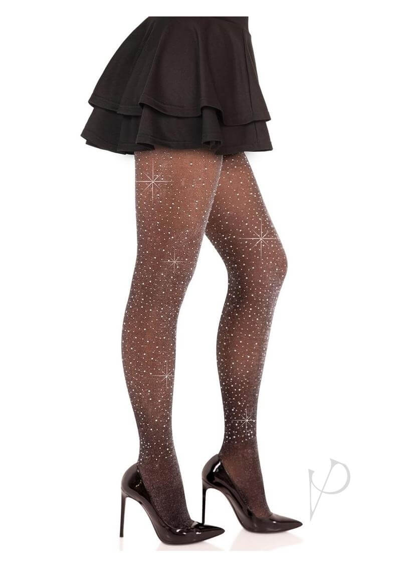 Leg Avenue spandex rhinestone tights in black and silver, paired with a black skirt and high heels, showcasing a shimmering look.