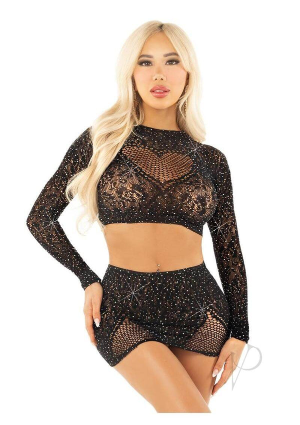 Leg Avenue rhinestone lace crop top and mini skirt set in black, showcasing a sexy lingerie look with heart keyhole accent.