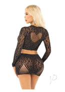 Back view of Leg Avenue rhinestone lace crop top and mini skirt set in black, featuring heart keyhole design and sparkly accents.