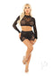 Model wearing Leg Avenue rhinestone lace and net crop top with matching mini skirt, perfect for sexy lingerie looks.
