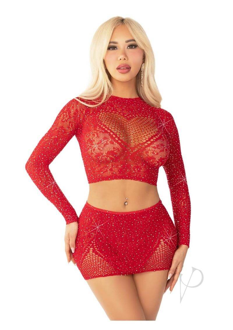 Rhinestone Lace Crop Mini Skirt Red Os-0