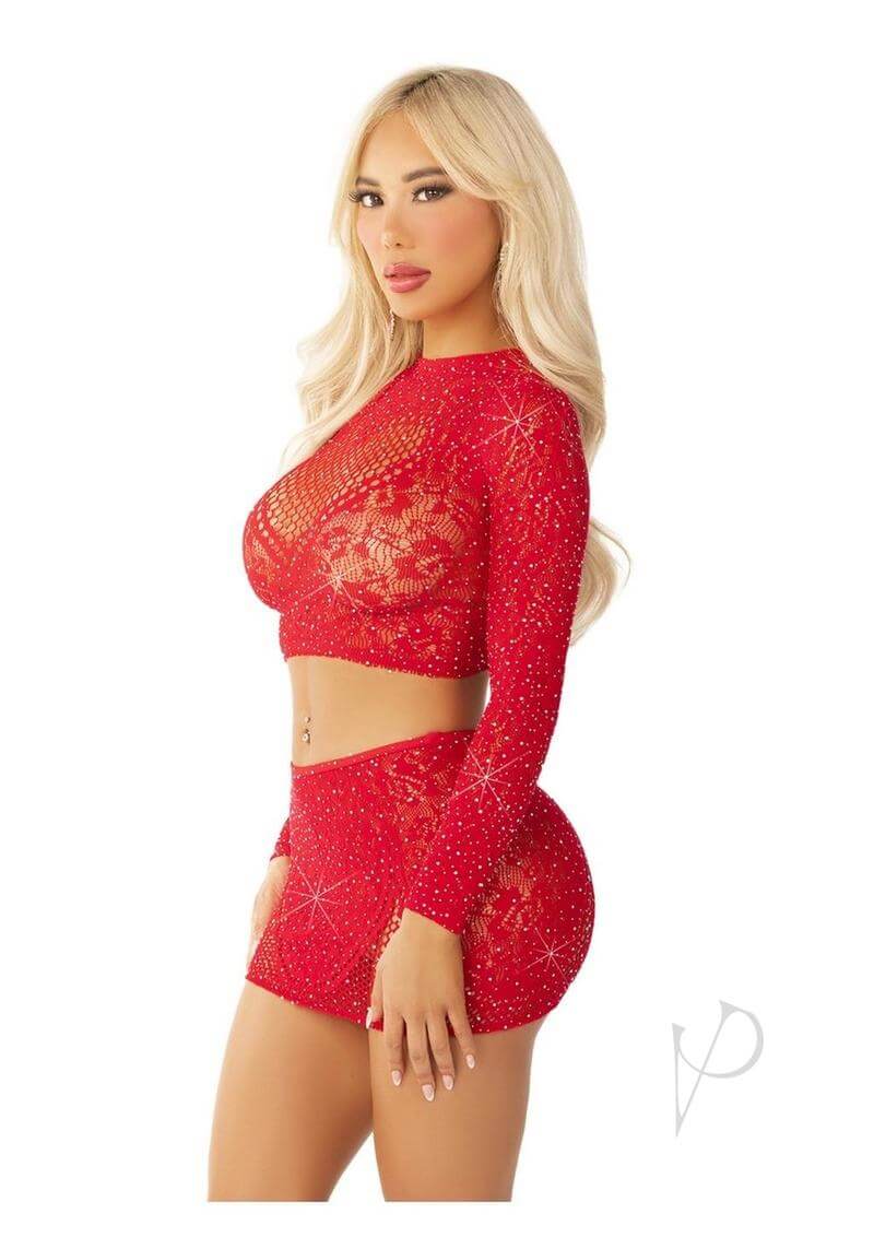 Rhinestone Lace Crop Mini Skirt Red Os-1