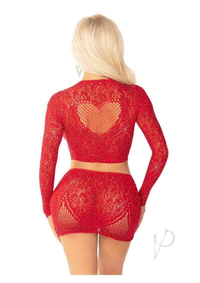 Rhinestone Lace Crop Mini Skirt Red Os-2