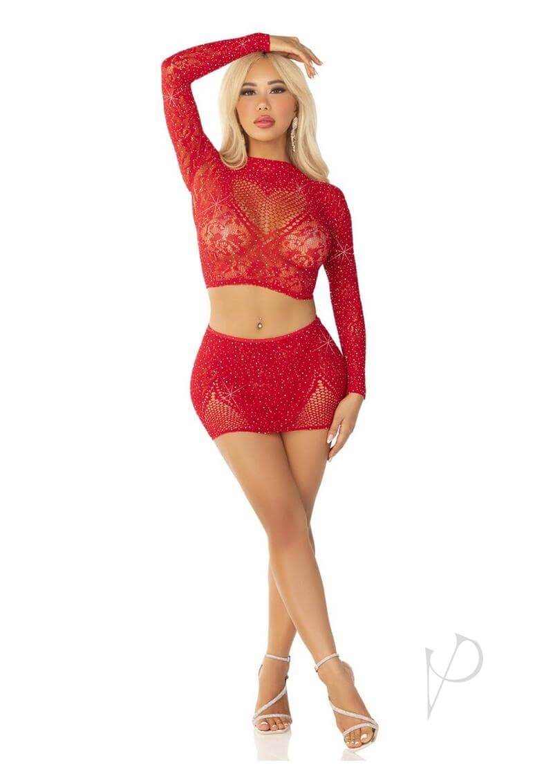 Rhinestone Lace Crop Mini Skirt Red Os-3