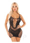Leg Avenue Lace and Net Mini Dress in Black featuring dual straps and sexy lace design for seductive lingerie looks.