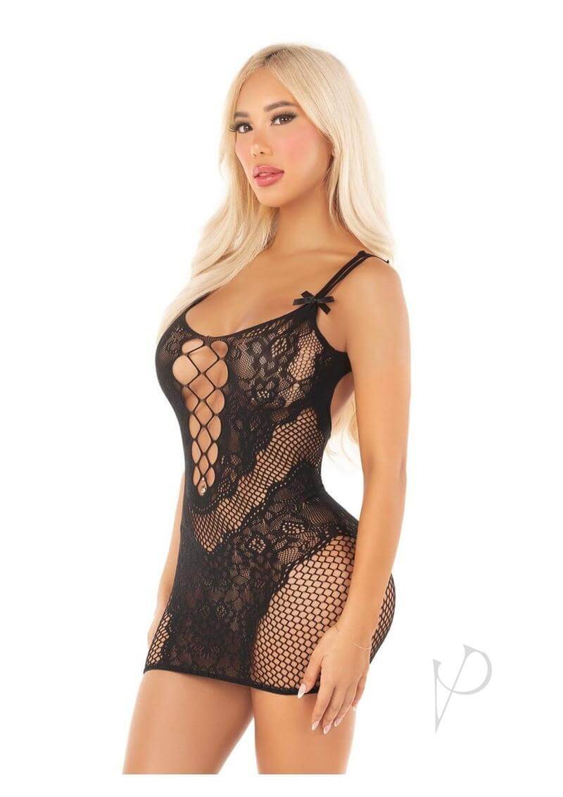 Leg Avenue black lace and net mini dress with dual straps and bow accents, perfect for sexy lingerie and seductive occasions.