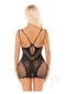 Leg Avenue Black Lace and Net Mini Dress showcasing a sexy back design with dual straps and lace accents.