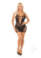 Leg Avenue lace and net mini dress with dual straps, featuring curve-hugging lace design and mini bow accents.