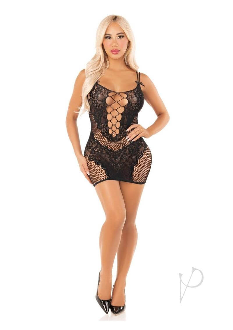 Leg Avenue lace and net mini dress with dual straps, featuring curve-hugging lace design and mini bow accents.