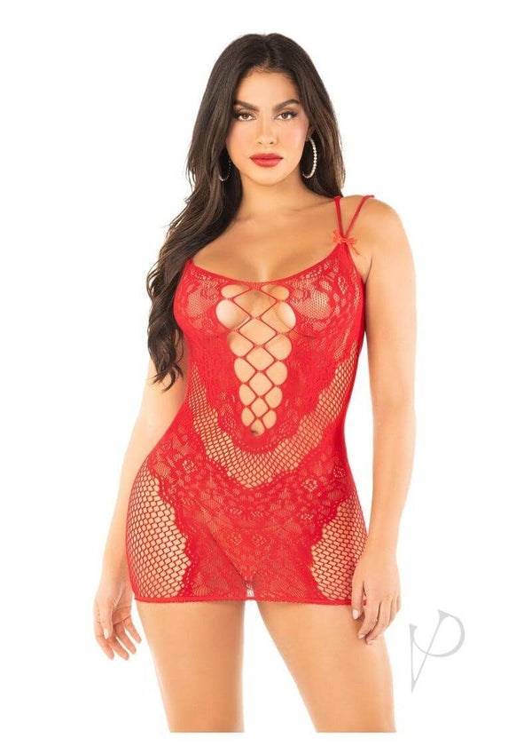 Leg Avenue red lace and net mini dress with dual straps, perfect for seductive lingerie wear.